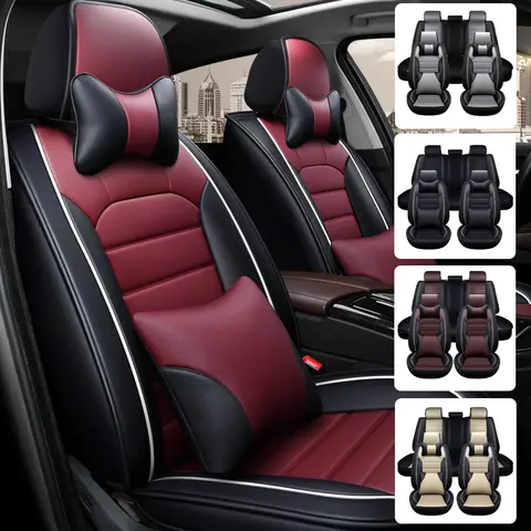 Car Seat Covers For 5 Seats, Full Set Universal Seat Covers For Cars, Waterproof Leather Auto Seat Protectors With Pillow, Car Interiors Fit For Most Sedans SUVs,Fit For Honda Accord/Civic/Mazda/Nissan/Toyota/Hyundai