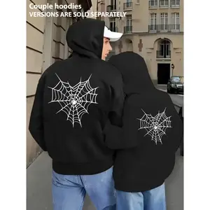 Men's Creative Heart-Shaped Spider Web Print Couple Hoodies - Autumn-Winter Fitted, Comfortable, Breathable Fabric, Long Sleeve, Drawstring Casual Hooded Zipper Sweatshirts