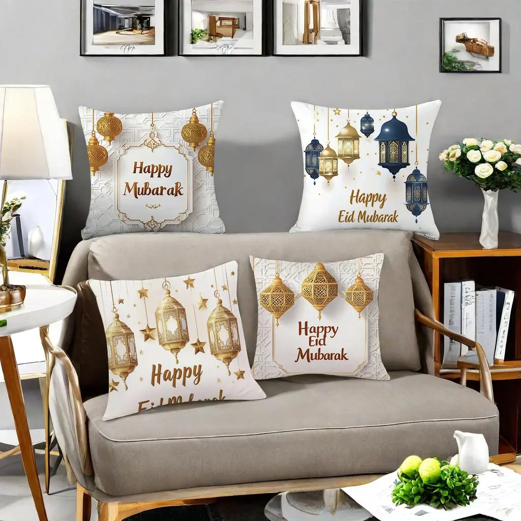 Eid Mubarak Themed Cushion Cover, Themed Design, 4 Counts/set Square Throw Pillow Cover without Filler, Household Decoration Supplies for Home Living Room Bedroom