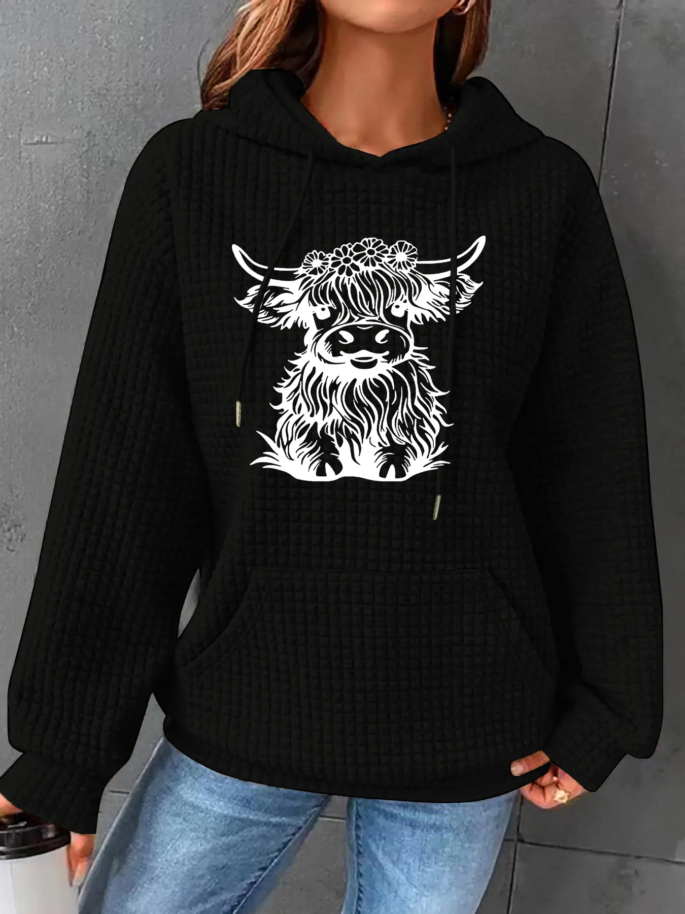 Women's Fall Winter Highland Cow Print Hoodie, Casual Loose-Fit Long Sleeve Pullover Sweatshirt, Comfortable Daily Wear Tops, Loose Hooded Sweatshirt