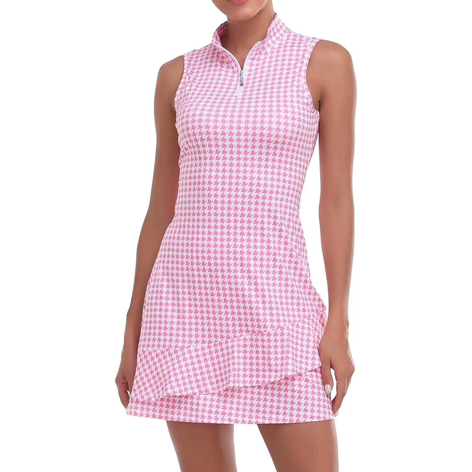 Women's Sleeveless Stretch Workout Tennis Dress - Cotton Blend Athletic Outfit with Built-in Shorts, Phone Pocket, Ball Pocket, Ruffle, Zip-Up Stand Collar, Quick-Dry, Breathable, Moisture-Wicking for Golf, Hiking, Casual Outings