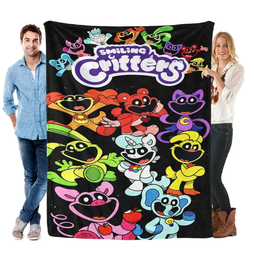 Smiling Critters Fashion Art Print Cartoon Anime Plush Blanket, Super Soft Flannel Travel Throw for Outdoor Camping & Car, Cozy Portable Nap Cover, Nostalgic Birthday & Graduation Gift, Trendy Gamer Room Decor