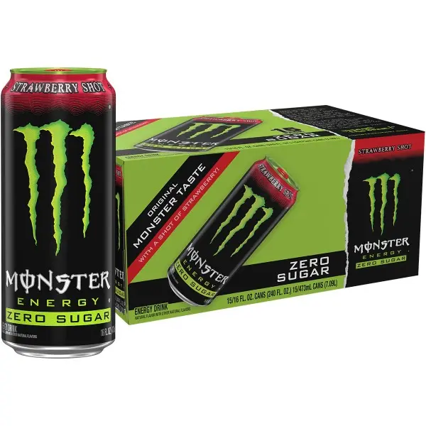 Energy Zero Sugar Strawberry Shot, Green, Original, Free Energy Drink, 16 Ounce Can (Pack of 15)