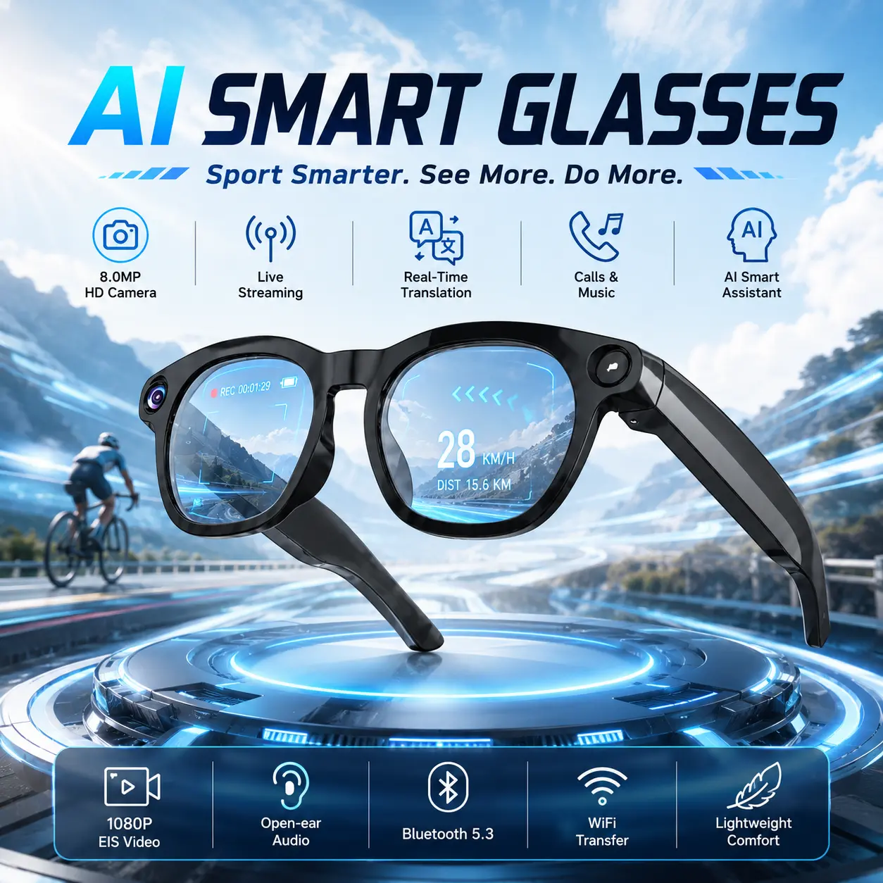 AI Smart Glasses with 8MP Camera 1080P Video, Bluetooth Audio, Real-Time Translation & Hands-Free Calling for Outdoor Sport