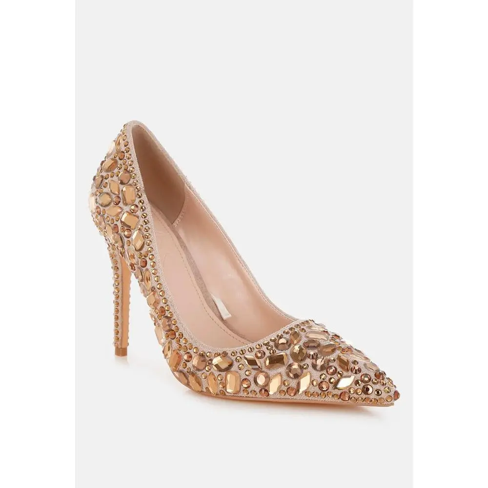 LONDON RAG Women's Iceout Diamante & Rhinestone Pumps, Closed Pointed Toe Stiletto High Heels, 4-Inch Heel, Polyurethane, Relaxed Fit