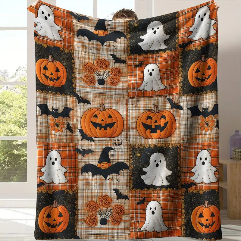 Vintage Patchwork Plaid Halloween Throw Blanket - Retro Rustic, Multi-Size, Soft Texture Halloween Aesthetic Flannel Fleece - Jack O'Lantern, Ghost, Witch Hat, Bat, Orange Grid Farmhouse Fall Home Decor Gift