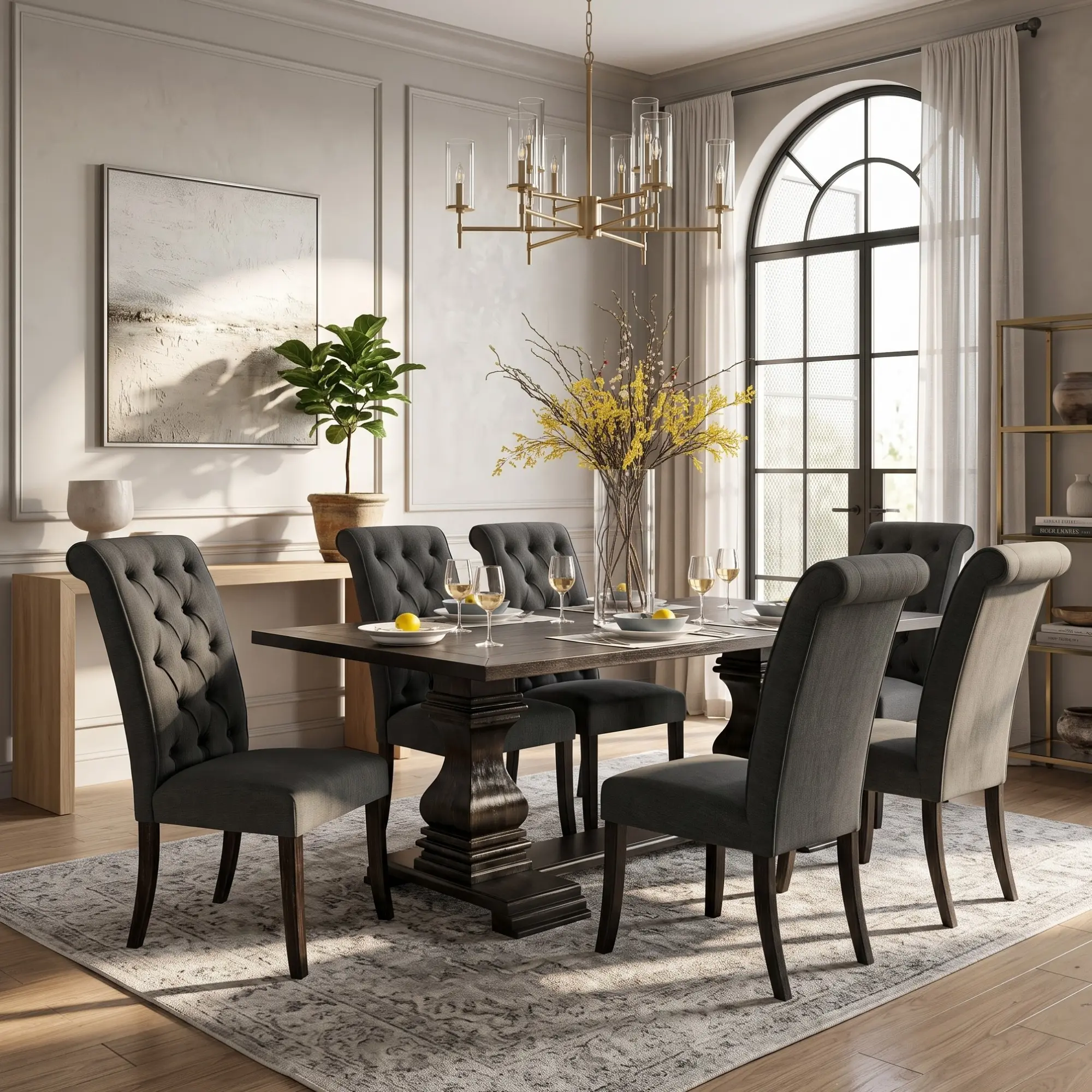 Nerissa Elegant 7-Piece Dining Set with Gray Upholstered Chairs & Solid Wood Table – Modern Chic for Trendy Interiors