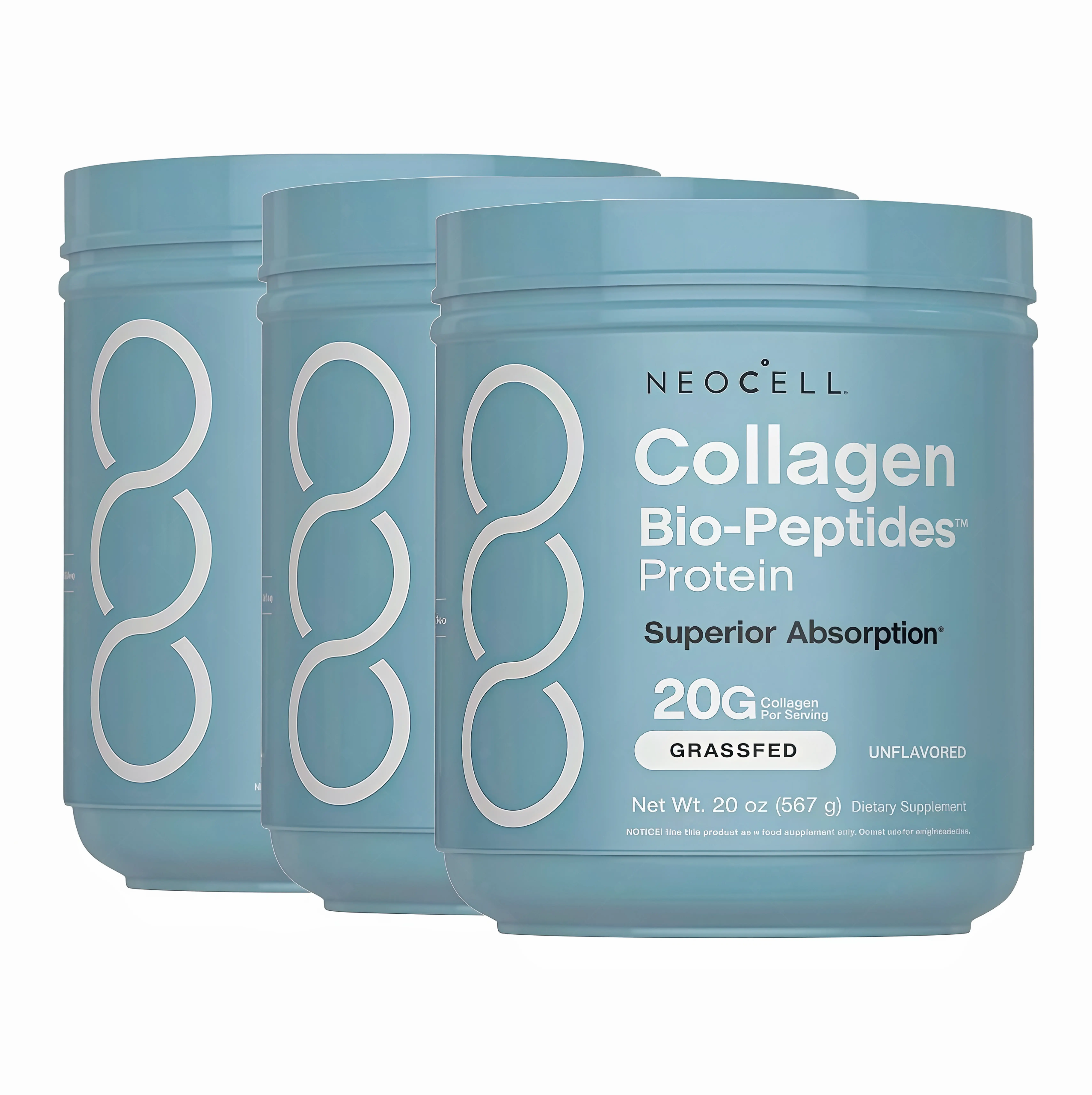 3 Botte NeoCell Collagen Bio-Peptides Powder 20oz -PL Grassfed Protein Supplement-Advanced with 18 Essential Amino Acids