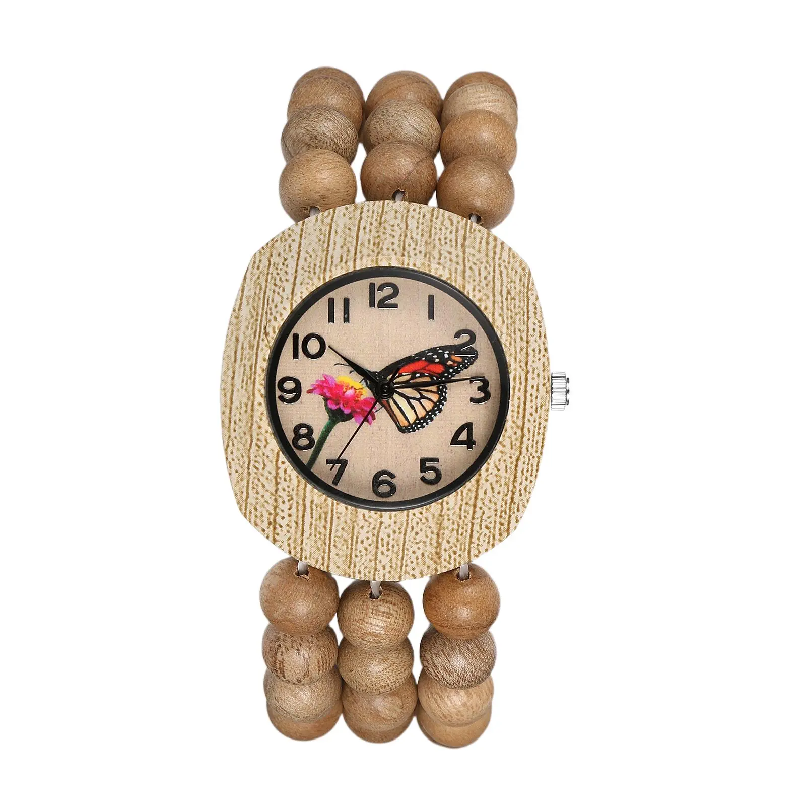 OIDEA Women's Lightweight Analog Quartz Wristwatch - Handmade with Wooden Beads Elastic Strap, Tonneau Case, Floral Dial, Fashionable Bohemian Design summerwins