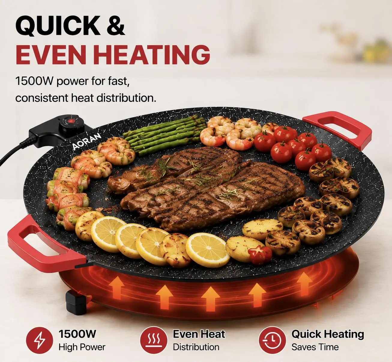 AORAN KITCHEN 1500W Portable Electric Korean Smokeless Non-stick Indoor Grill Pan - Buy 1 Get 6 Complete Barbecue Gift Set, Adjustable Temperature Control, Universal Fry Griddle, Portable Barbecue Grill, Kitchen Gadgets for Home Cooking Teppanyaki Grill
