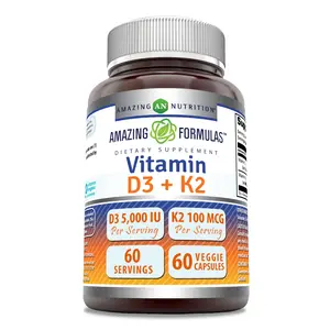 Amazing Formulas Vitamin D3 5000 IU with Vitamin K2 100 mcg | D3 + K2 Complex Supplement | Veggie Capsules | Non-GMO | Gluten Free | Made in USA (60 Count)
