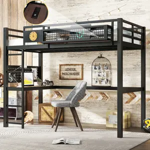 Loft Bed Frame with desk, storage basket,Metal Loft Bed with clock,and charging port,Black