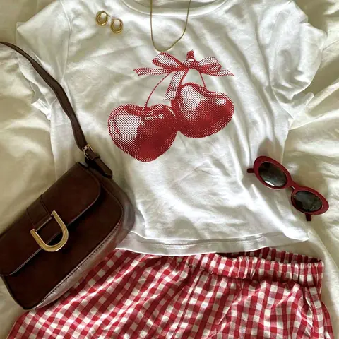 Women's Cherry Print Tee & Plaid Print Shorts Two-piece Set, Casual Fashion Cozy Round Neck Short Sleeve T-shirt & Shorts for Daily Outdoor Wear, Ladies Clothes for All Seasons, Suits