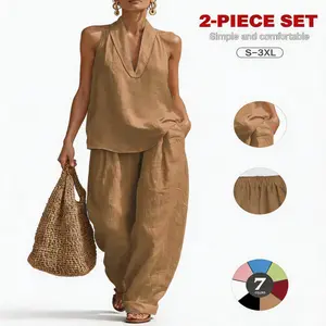 Women’s Linen Blend 2 Piece Outfit Set, V Neck Halter Tank Top & Loose Wide Leg Pants, Casual Summer Vacation Beach Resort Wear, Comfy Travel Lounge Matching Set, Boho Holiday Outfit, TikTok Viral Summer Fashion, Summer Vibes