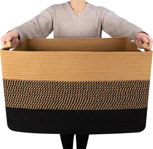 22in Extra Large Blanket Basket Holder for Living Room, Rectangle Rope Woven Storage Bin with Handles for Laundry, Pool Towels, and Shoes, Dog Toy Box Organizer, Black Jute