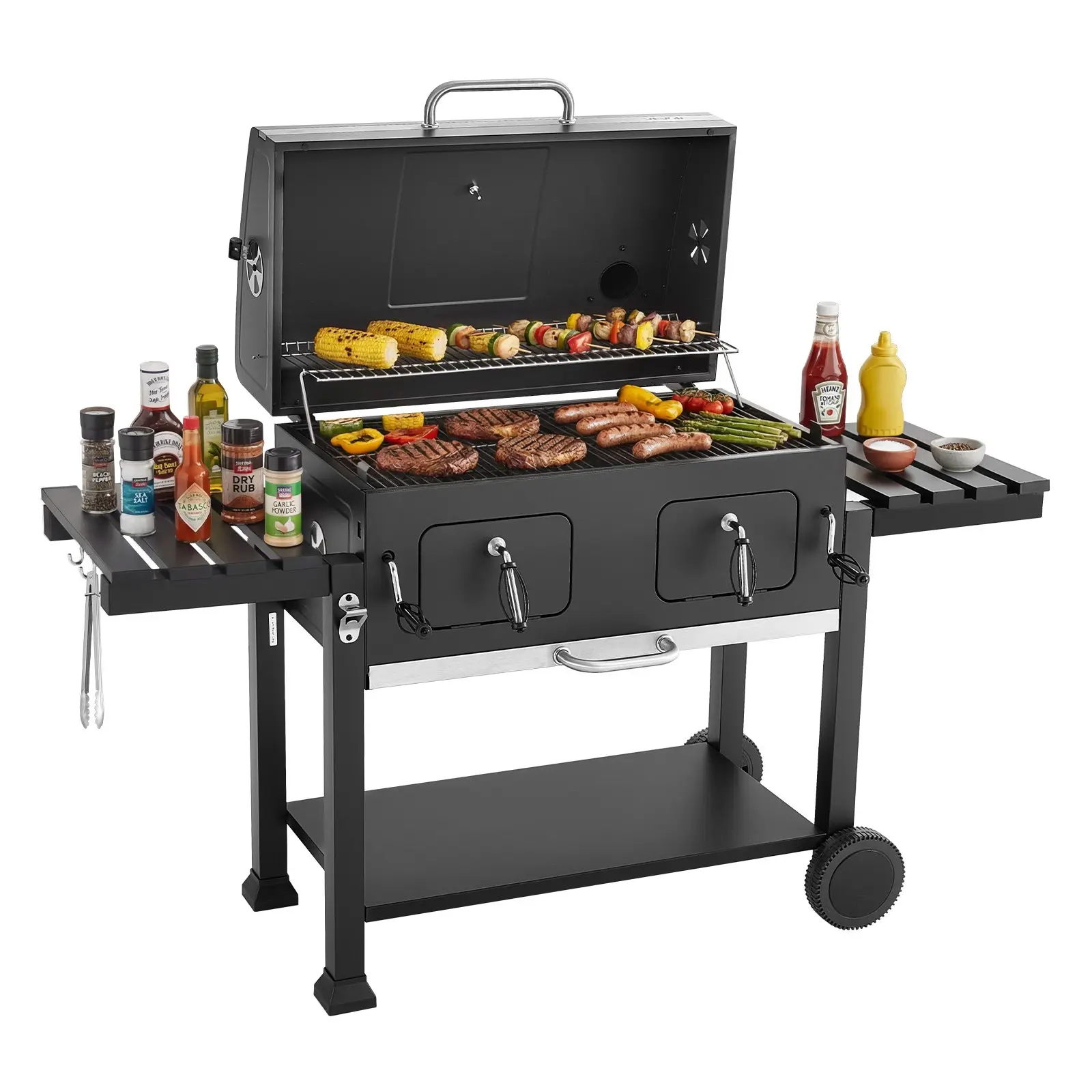 VEVOR Charcoal Grill, 780 sq.in.Extra-Large Charcoal Barbecue Grill with 2 Liftable Charcoal Trays & Folding Side Tables, High-Temp Powder-Coated Steel BBQ Cooking Grills for Patio Backyard Parties