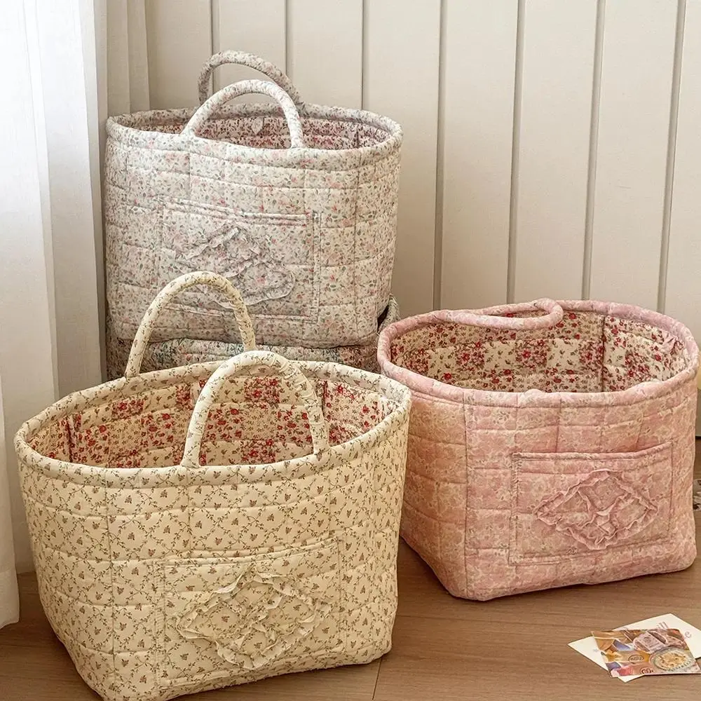 Vintage Floral Cotton Storage Basket, Collapsible Decorative Organizer with Handles for Home & Car Use, 32x26x25cm, Collapsible Everyday Baskets, Floral Pattern Basket
