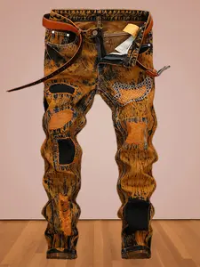Men's Straight Jeans Midweight Cotton Blend Ankle-Length Moto & Biker Style with Slight Stretch And Eye-Catching Holes