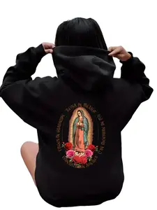 Unisex Virgin of Guadalupe Religious Hoodie Mexican Folk Art Inspired Christian Apparel with Our Lady of Guadalupe Print Loose Fit Sweatshirt for Men Women and Youth Faith T-Shirt Casual Vintage