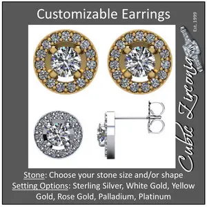 Cubic Zirconia Earrings- Customizable Round Cut CZ Halo-Styled Earring Set