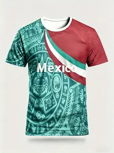 Men's Mexican Aztec Sunstone Flag Sport T-Shirt, Street Style Round Neck Short Sleeve Top, Geometric Pattern, All Seasons