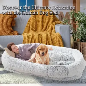 Human Dog Bed, Dog Bed Fits You & Pets, Adult and Pet Washable Giant People DogBed 10 CM Thick Memory Foam Large Oversize Dog Bed with Plump Pillow, Blanket, Strap - GreyWashable Faux Fur,Orthopedic, Plump Pillow, Blanket, Strap