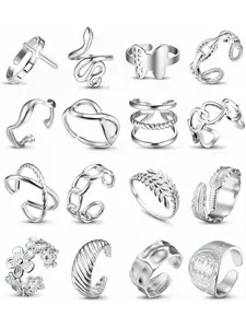 16pcs Stainless Steel Rings for Women, Dainty Stacking Rings Chunky Silver Color Non-Tarnish Stackable Design, Adjustable Open Thumb & Finger Jewelry Set