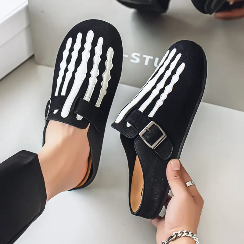 Men's Mule Clogs Skull Skeleton Pattern Slip On Shoes Adjustable Buckle Comfort Non Slip Backless Slides for Casual Street Daily Outdoor Wear