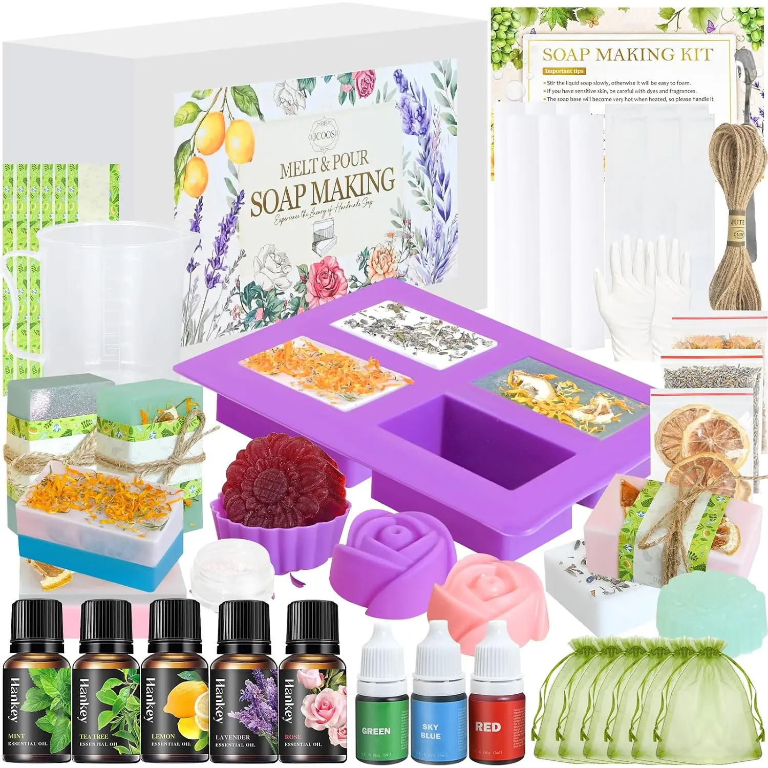 Soap Making Kit, Soap Making Kit for Adults, Teen- Shea Butter Glycerin Melt and Pour Base, Molds, Dye, Fragrances, Dried Flowers, DIY Craft for Beginners Women,Gift Boxes for Mother's Day