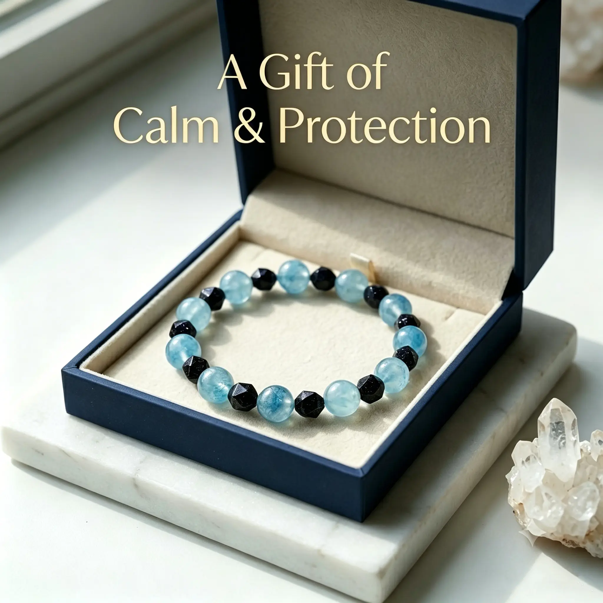 [Free 14K Gold Pendant] Natural Aquamarine & Blue Sandstone Healing Crystal Bracelet - March Birthstone Jewelry for Men Women, Calming Protective Energy Beads, Purifies Negative Thoughts, Ideal Summer & 4th of July Gift, Healing Natural Crystal Bracelets