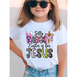 Girls' Easter Bunny Ears & Cross Print T-Shirt - "Silly Rabbit Easter Is for Jesus" Short Sleeve Summer Top with Jesus Lettering, Casual Round Neck Religious Outfit NY-DX3456