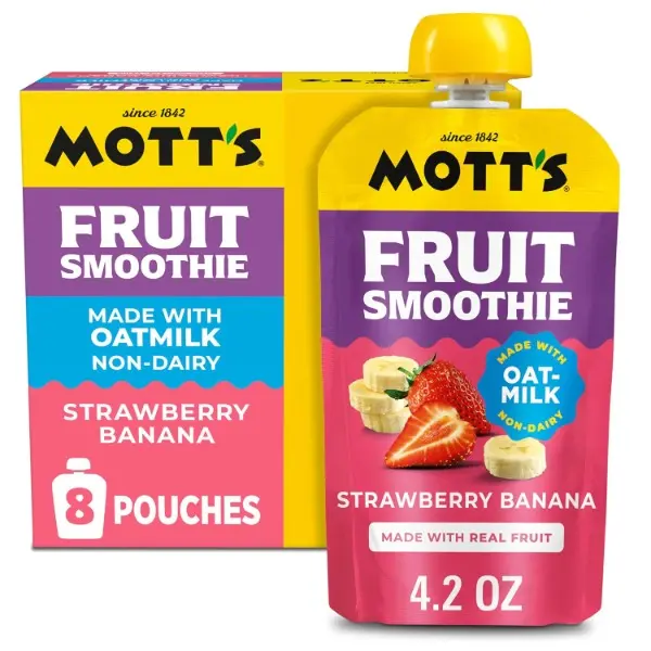Fruit Smoothies Strawberry Banana, 4.2 oz clear pouches, 8 Pack, Non-dairy, Made With Oatmilk, Made With Real Fruit, Good Source of Calcium, On-the-Go
