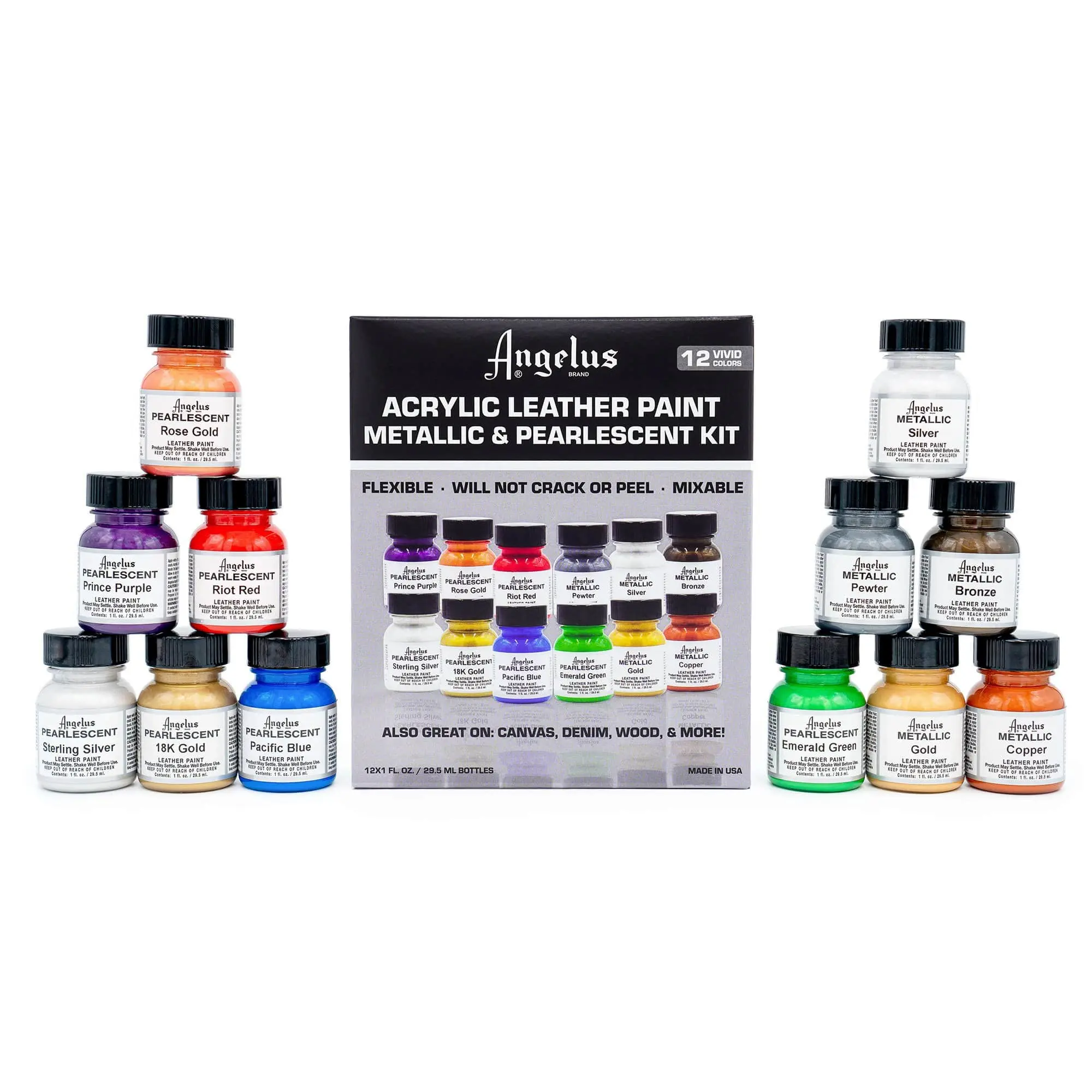 Angelus Pearlescent and Metallic Paint Kit - 12 Colors, Flexible Leather Shoe Paint, Acrylic Leather Paint, Custom Sneakers