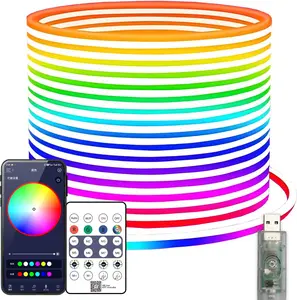 RGB Neon LED Rope Lights, Waterproof Bluetooth APP Remote Control Music Sync Strip Lights, 24V Flexible DIY Silicone Light for Bedroom Home Indoor Outdoor Decor (5M/16.4Ft)