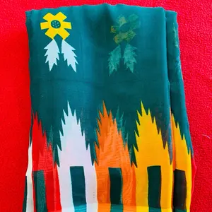 Dhaka Printed Saree with Colorful Floral Design and Vibrant Green Background Polyester Birdeye Fabric