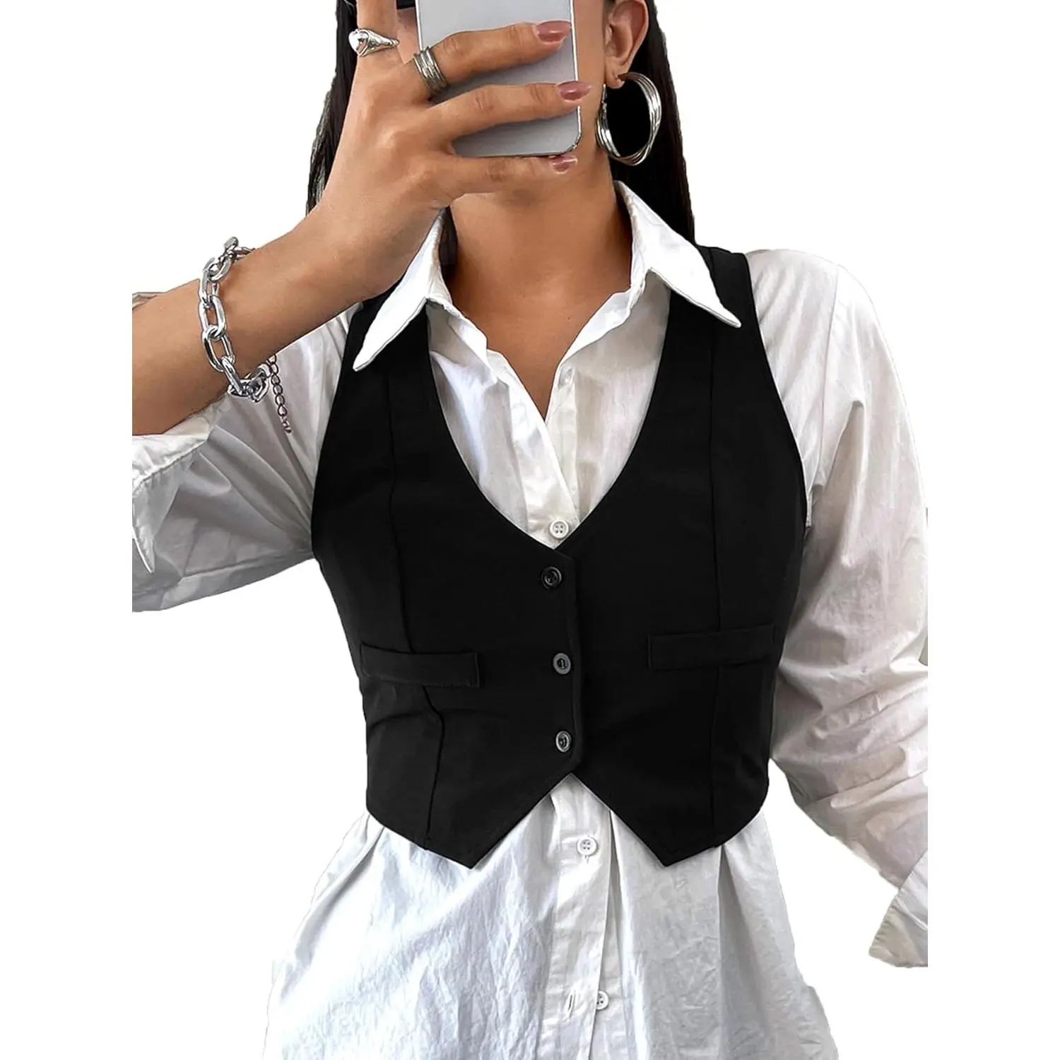 Women's Dressy Everyday Solid Button-Front V-Neck Sleeveless Crop Waistcoat - Asymmetrical Suit Jacket for Top Outfits, Casual, Clothes, High Waist, Vest, Lady, Polyester, Casual Wear, Crop Top, High Waisted