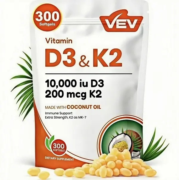 VEV Corefeel Vitamin D3 K2 10000 IU, 300 Virgin Coconut Oil Softgels, 2 in 1 Vitamins Supplement D & K, Dietary Supplemental Pack, gift, Summervibes, NSF Certified