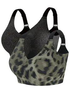 Plus Size Leopard Print Wireless Bra Set, Medium Support, Removable Pads, Comfortable Fabric, Ideal for Home Wear, No Underwire Design