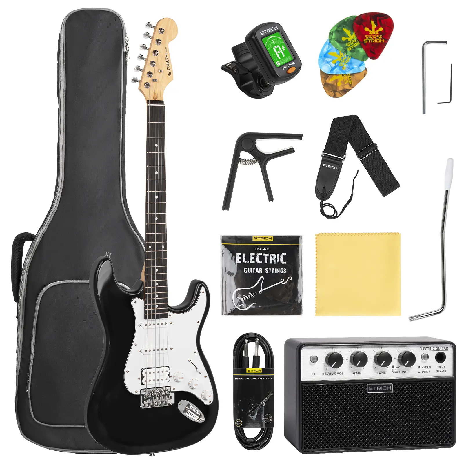 STRICH 39" Solid Body HSS Pickup Beginner Electric Guitar Pack - 10W Amplifier, Gig Bag, Tuner, Capo, Strap, Strings, Cable, Picks, SST-S20 Accessory