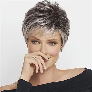 Short Grey Pixie Cut Wigs with White Bangs Gray Pixie Layered Synthetic Hair Replacement Wig for Women Daily Wear Cosplay Halloween Costume Wigs