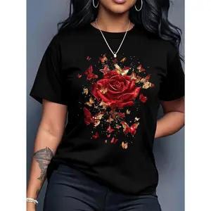 Women's Casual Butterfly Print T-shirt - Soft polyester and spandex blend, round neck, short sleeve, machine washable