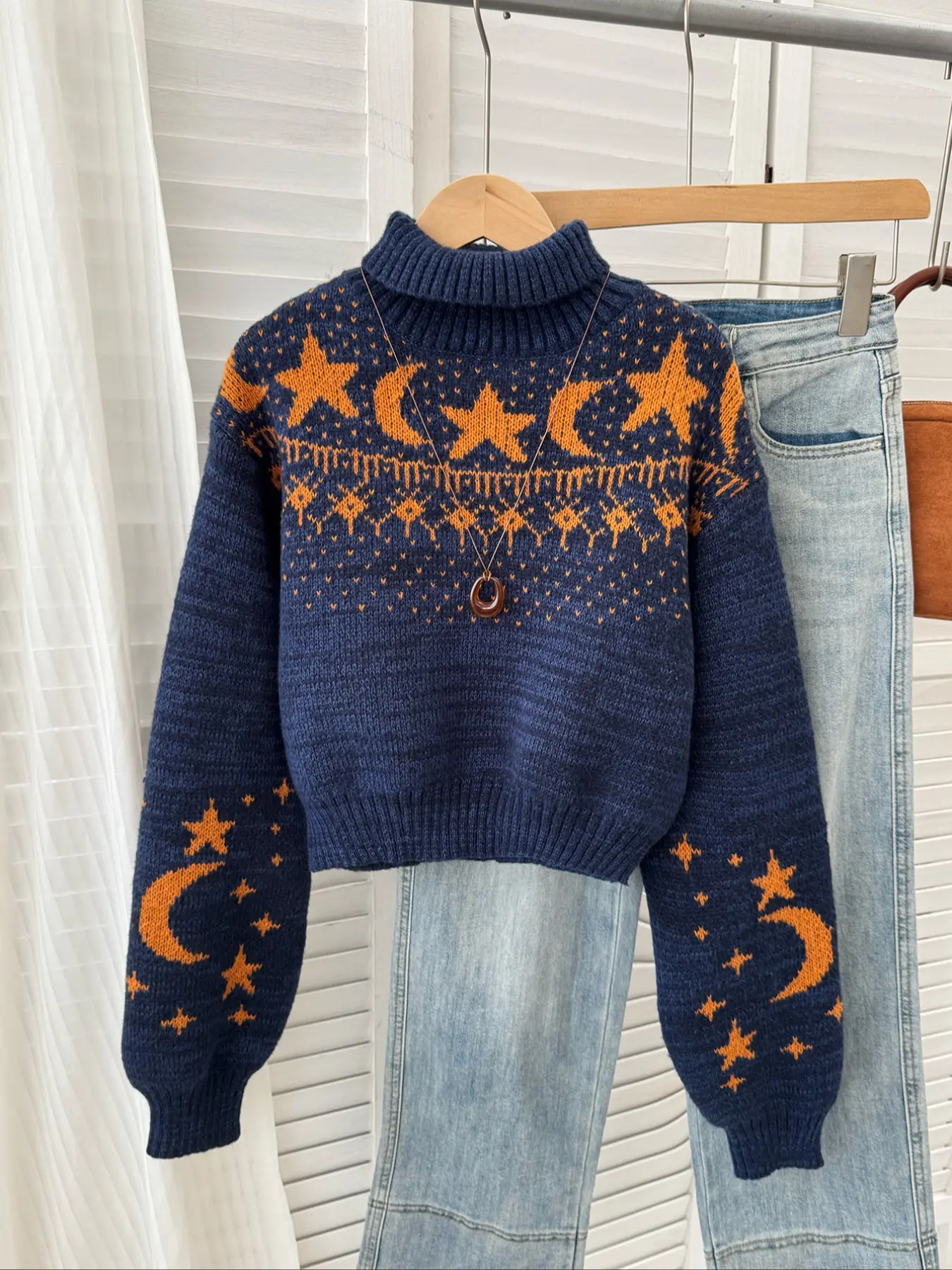 Women's Moon & Star Pattern High Neck Sweater Pullover, Boho Casual Long Sleeve Jumper for Daily Holiday Vacation Wear, Ladies Knitwear for All Seasons, Tops