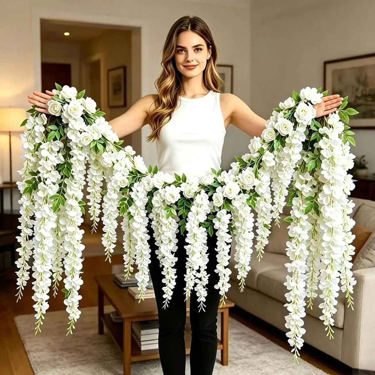 18pcs Artificial White Rose Garland, Hanging Flower Vines for Wedding Arch, Ceiling & Wall Decor, Realistic Faux Floral Set for Party Backdrop