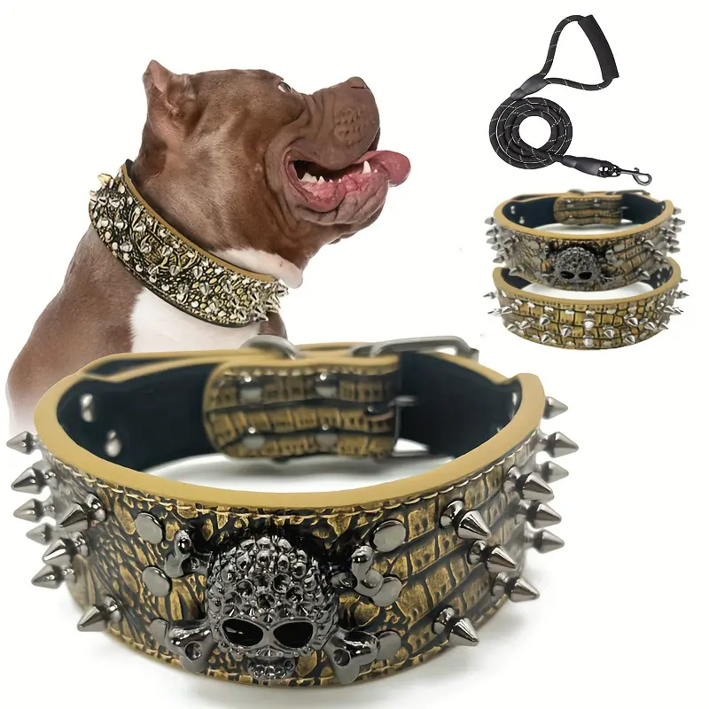 Riveted PU Leather Dog Collar with Leash Combo, Pet Supplies for Dog Training and Walking