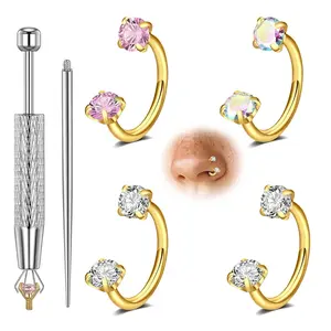 SGGUI 4PCS Cz Horseshoe Nose Rings,Internal Threaded Stainless Steel 18gauge 8mm Hoops, Ideal for Nose, Cartilage, Tragus, Helix & Lip Piercings, Nose Piercing Jewelry, Body Jewellery