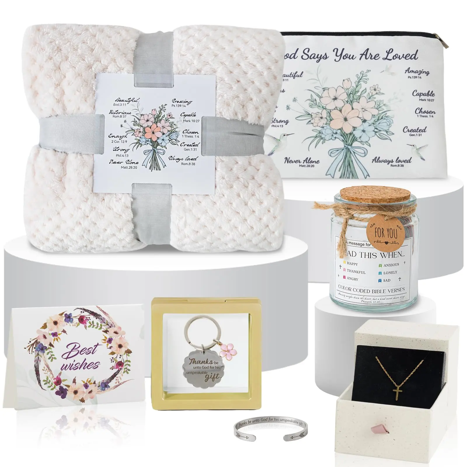Christian Gifts for Women, Religious Birthday Graduation Gift Basket - 7 Pcs Set with Blanket, Tote, Scripture Jar, Cross Necklace, Bracelet, Keychain, Card - Faith Gift for Mom, Sister, Grandma