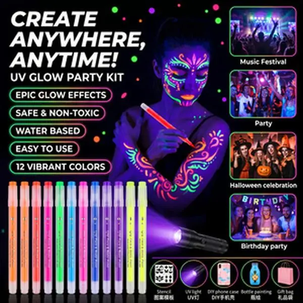 12-Pack Glow-in-the-Dark Highlighter Set with Sticker Stencils and UV Lamp, Fluorescent Markers for Highlighting, Halloween, Stage Makeup, Art Supplies (Drawing, Journaling, Poster Making, Scrapbooking), Glow Effect