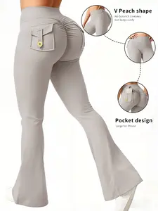 New High-Waisted Micro Flare Bottom Pants, Fitted, Waist Cinching Design, Pockets & Metal Buttons, Stretchy Fabric, Versatile for Various Occasions