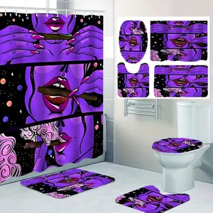 Bathroom Curtain & Bath Mat Set (4 Counts/set), Including Shower Curtain with Hooks, Toilet Lid Cover, Restroom Bathroom Mat & U-shaped Bath Mat, Shower Curtain Sets