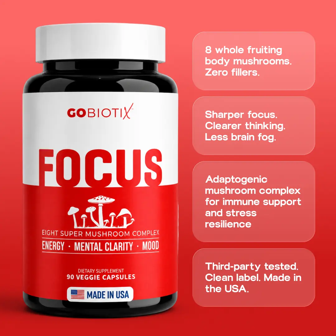 GoBiotix Focus Mushroom Complex – Nootropic Brain Booster with Lion’s Mane, Reishi, Chaga, Cordyceps & More – Boost Memory, Focus, Energy & Immunity – 90 Vegan Capsules Natural Supplements